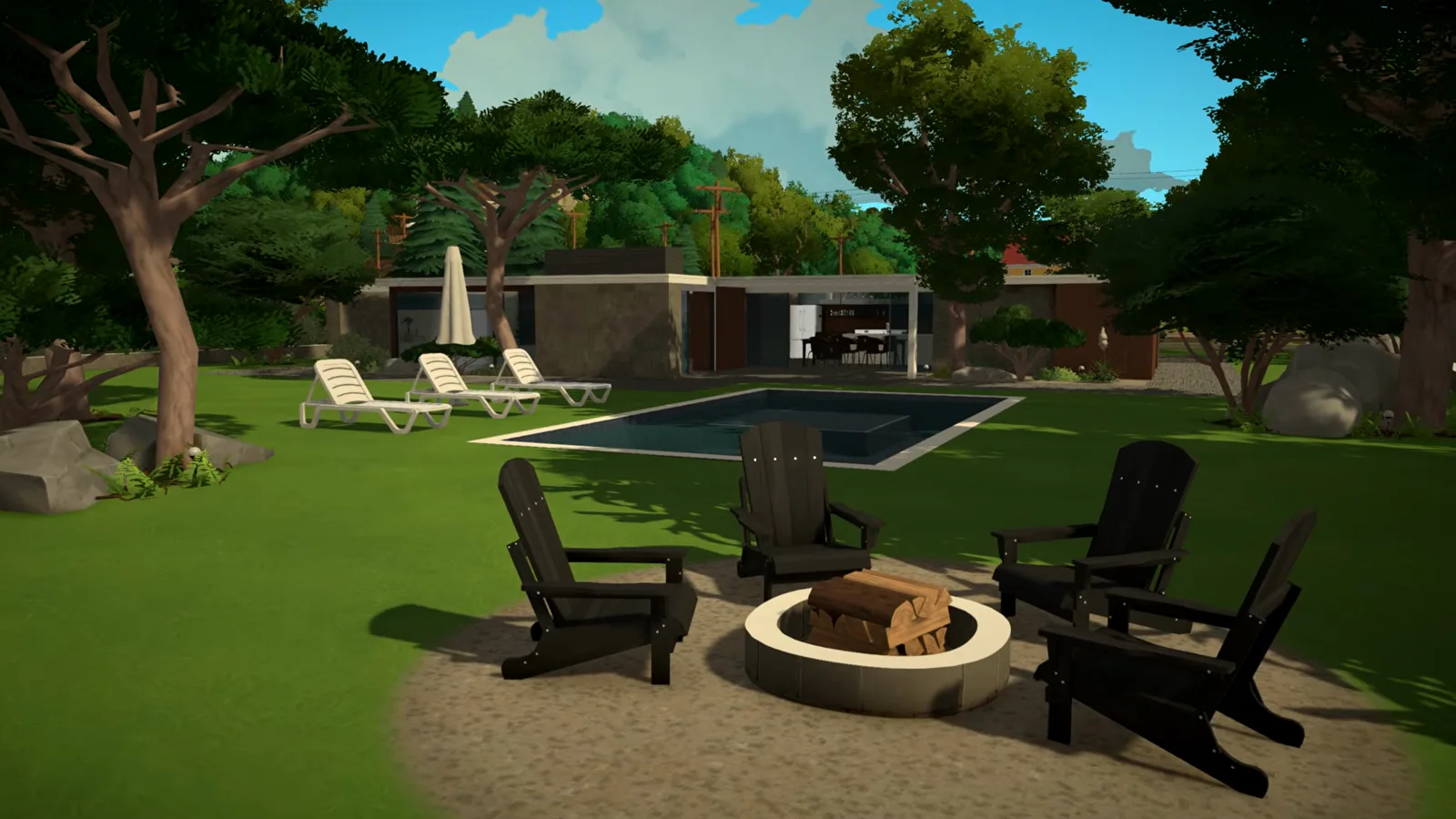 A finished Paralives mid-century modern home with a low flat roof, wood cladding and a glass spine, seen across a lawn with a sunken fire pit, blue pool and black lounge chairs. A finished Paralives mid-century modern home with a low flat roof, wood cladding and a glass spine, seen across a lawn with a sunken fire pit, blue pool and black lounge chairs.
