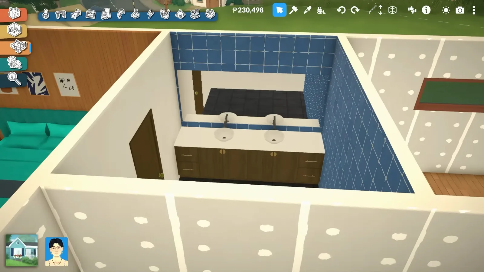 A Paralives en suite bathroom in navy wall tiles holds a walnut double vanity with two mirrors and pendant lights above the sinks. A Paralives en suite bathroom in navy wall tiles holds a walnut double vanity with two mirrors and pendant lights above the sinks.
