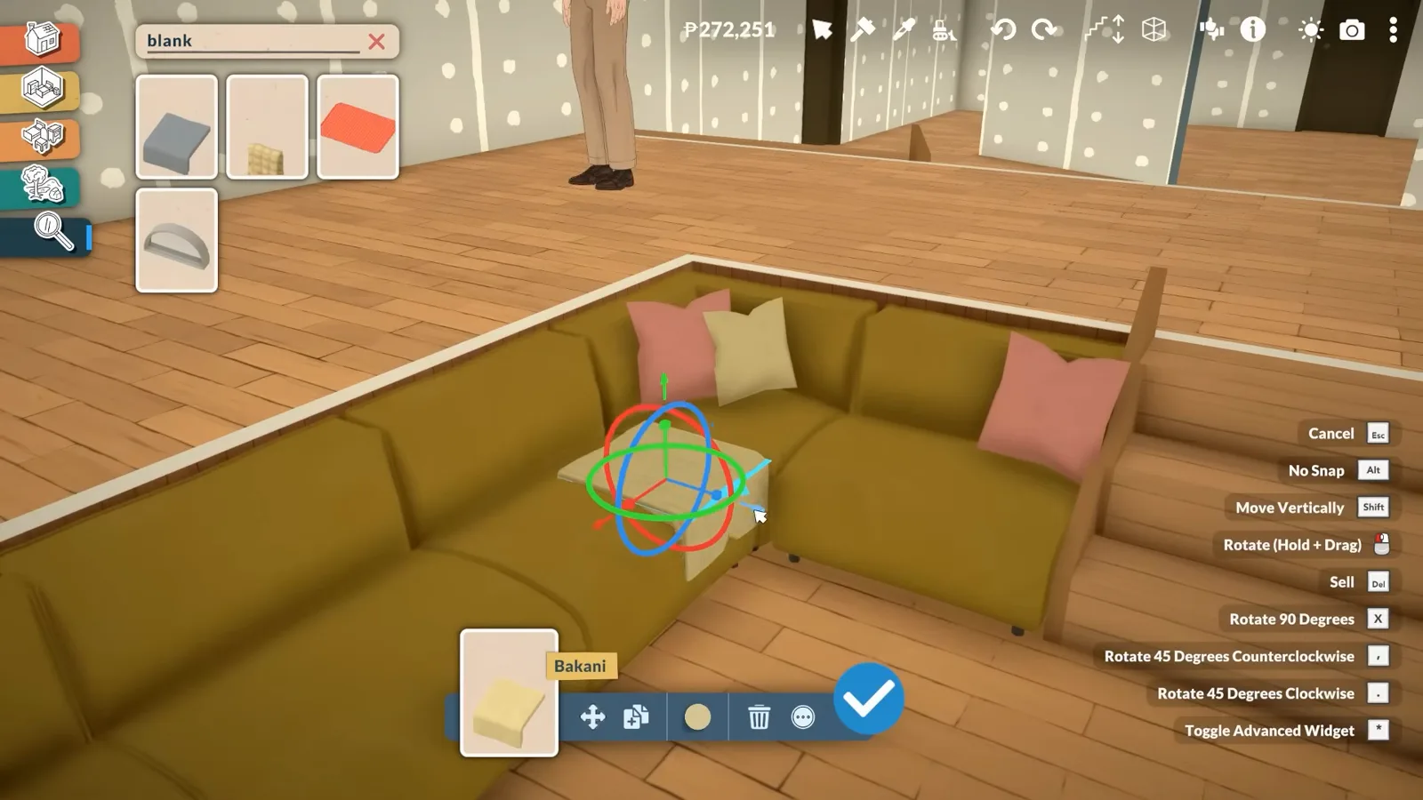In Paralives build mode, an olive green modular sectional rotates into the corner of a sunken living room recess as pink cushions are added. In Paralives build mode, an olive green modular sectional rotates into the corner of a sunken living room recess as pink cushions are added.
