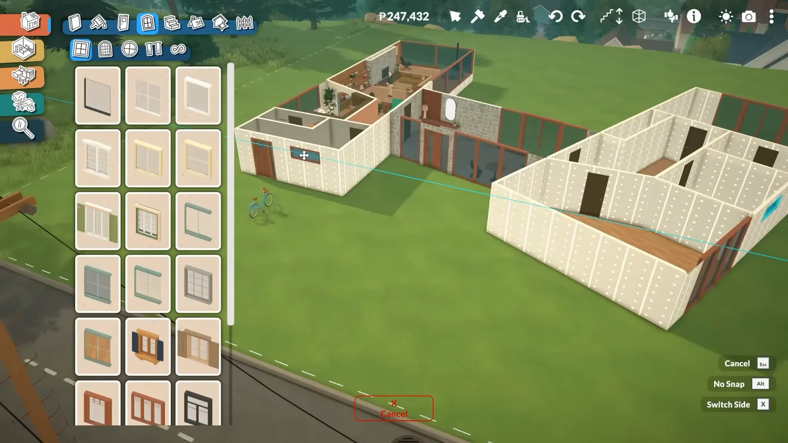 Paralives Roof Painting Mode recolours the ranch's two roof slabs dark while the texture swatch panel stays open along the left edge. Paralives Roof Painting Mode recolours the ranch's two roof slabs dark while the texture swatch panel stays open along the left edge.