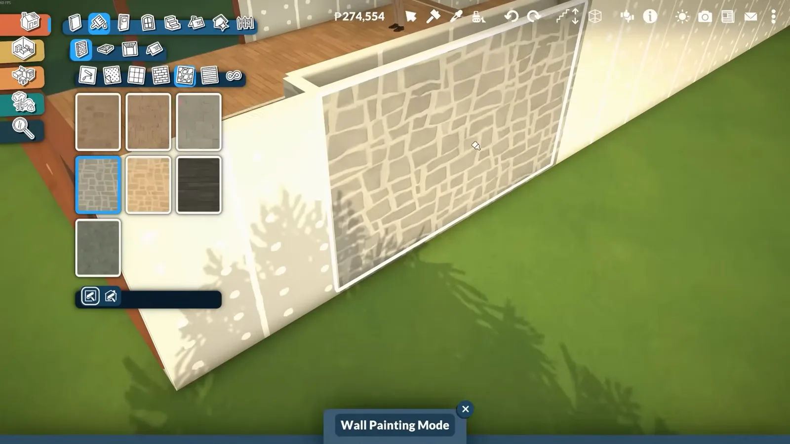 Paralives Wall Painting Mode shows the stone texture selected from the swatch panel while an exterior wall of the ranch is resurfaced in grey stone. Paralives Wall Painting Mode shows the stone texture selected from the swatch panel while an exterior wall of the ranch is resurfaced in grey stone.