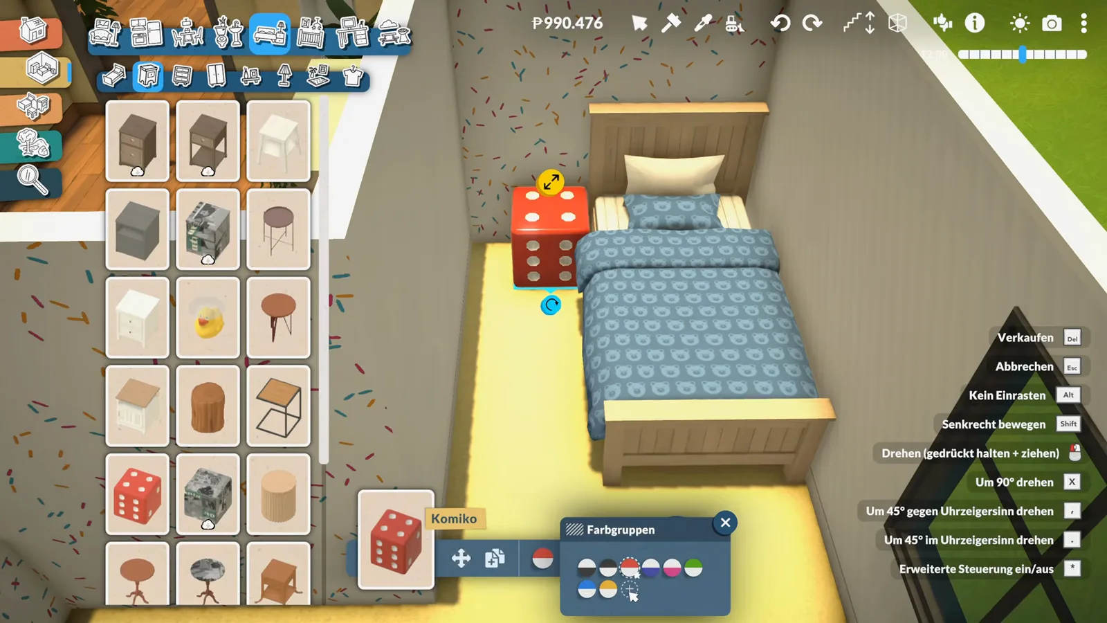 Paralives colour-group bar open as a red dice-shaped nightstand beside the bed is recoloured blue over the teddy-bear bedding Paralives colour-group bar open as a red dice-shaped nightstand beside the bed is recoloured blue over the teddy-bear bedding
