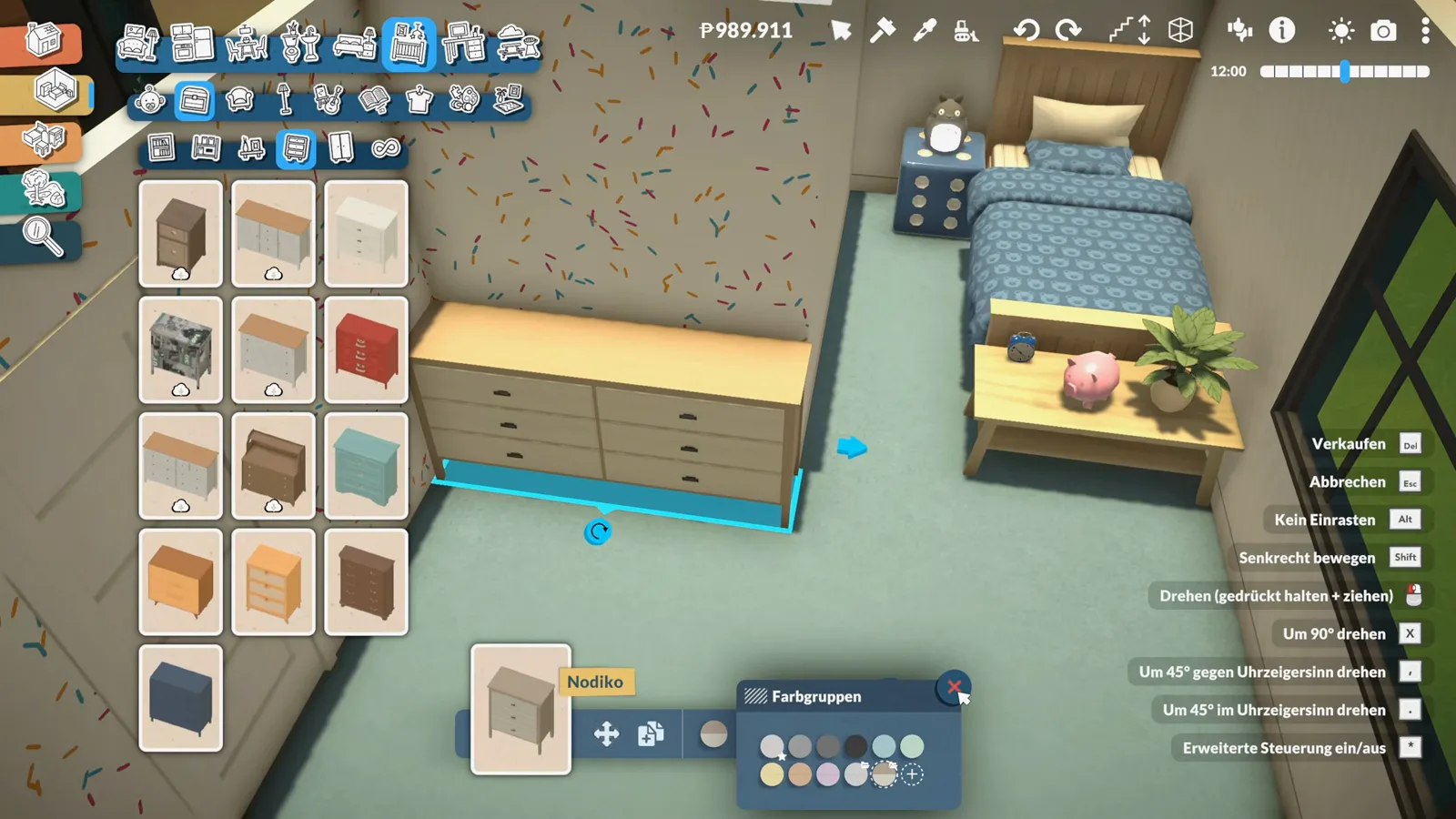 Paralives colour groups panel recolouring a double dresser to warm wood while the bed corner shows the dice nightstand, lamp, alarm clock and piggy bank Paralives colour groups panel recolouring a double dresser to warm wood while the bed corner shows the dice nightstand, lamp, alarm clock and piggy bank
