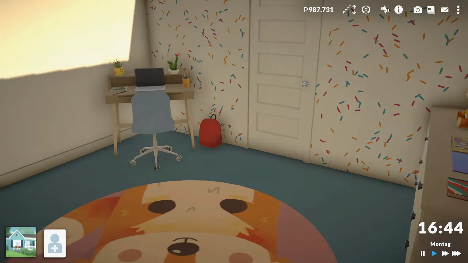 Finished Paralives kids' room in live mode: a desk with laptop and swivel chair beside a red school backpack, confetti wallpaper over the closet doors, and the fox-face rug filling the foreground Finished Paralives kids' room in live mode: a desk with laptop and swivel chair beside a red school backpack, confetti wallpaper over the closet doors, and the fox-face rug filling the foreground