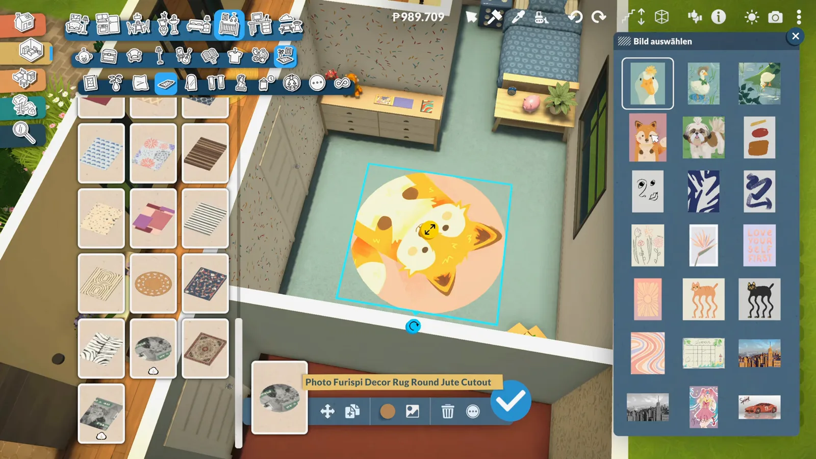 Paralives image picker open beside the round rug in the children's room as the fox artwork card is chosen and the fox face fills the rug Paralives image picker open beside the round rug in the children's room as the fox artwork card is chosen and the fox face fills the rug