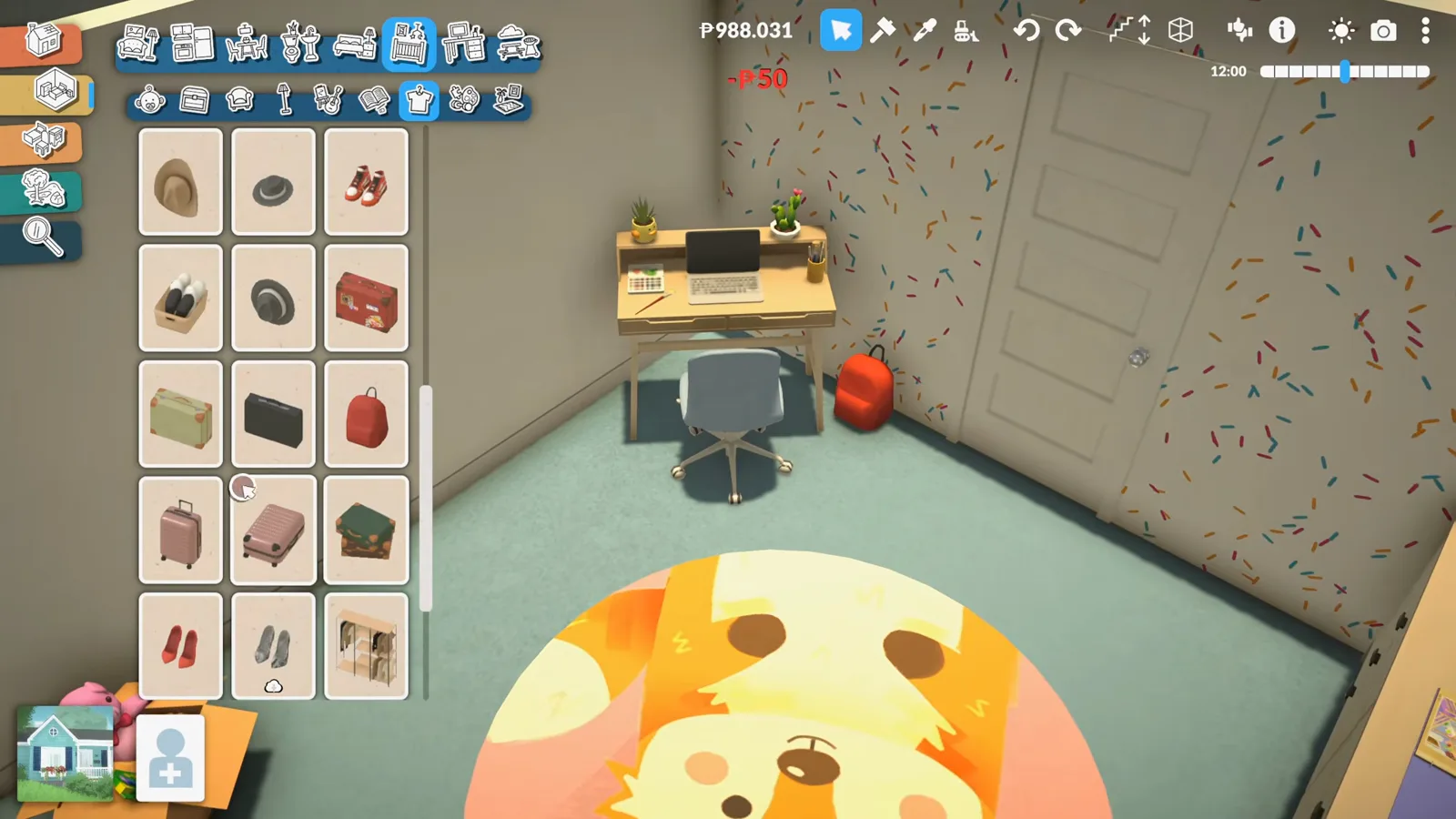 Paralives clothing catalogue open as the red school backpack stands against the confetti closet doors of the children's room Paralives clothing catalogue open as the red school backpack stands against the confetti closet doors of the children's room