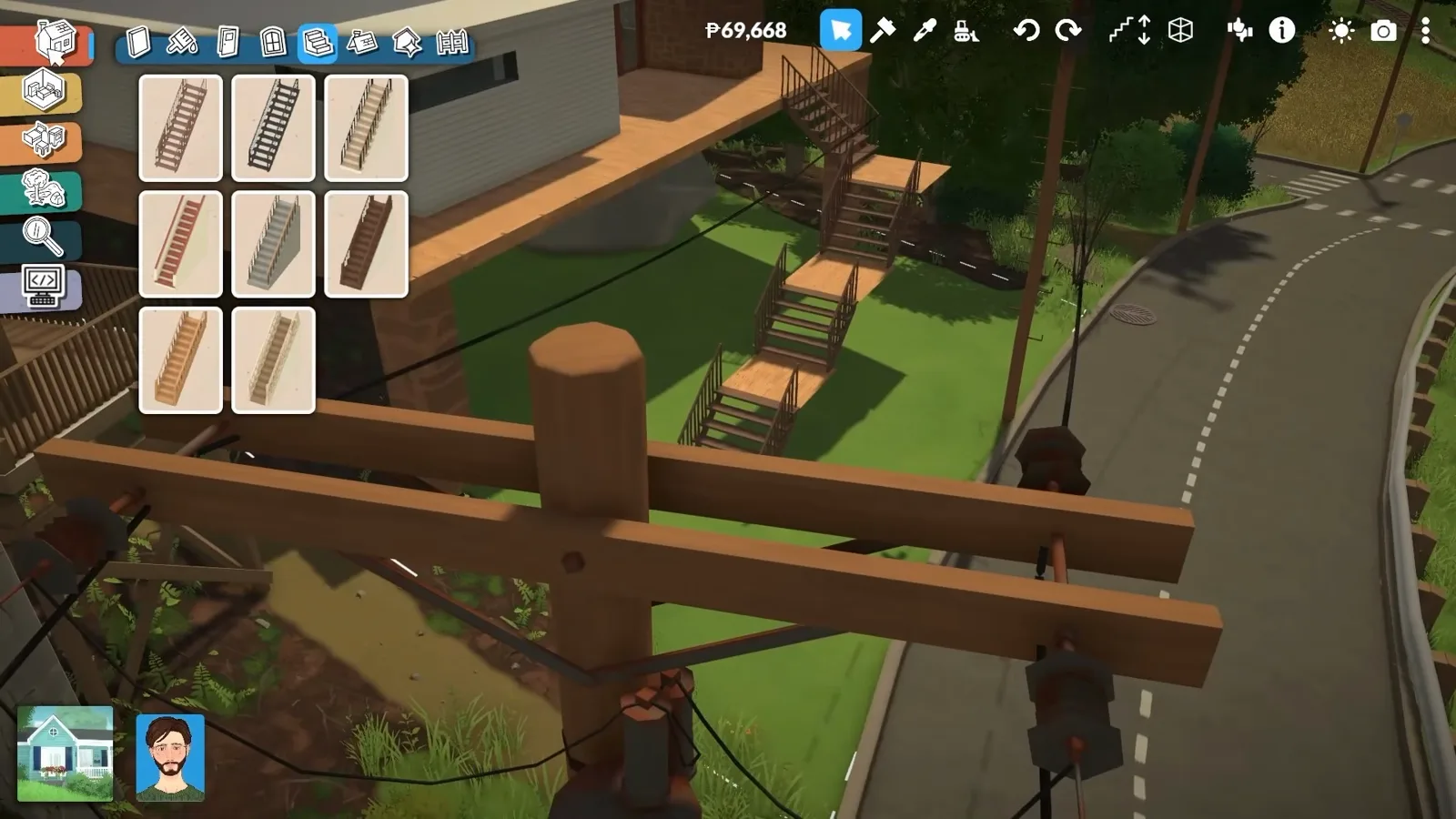A round timber post carrying two crossed beams beneath a raised Paralives deck, with the outdoor staircase and street visible behind the open stairs catalogue.