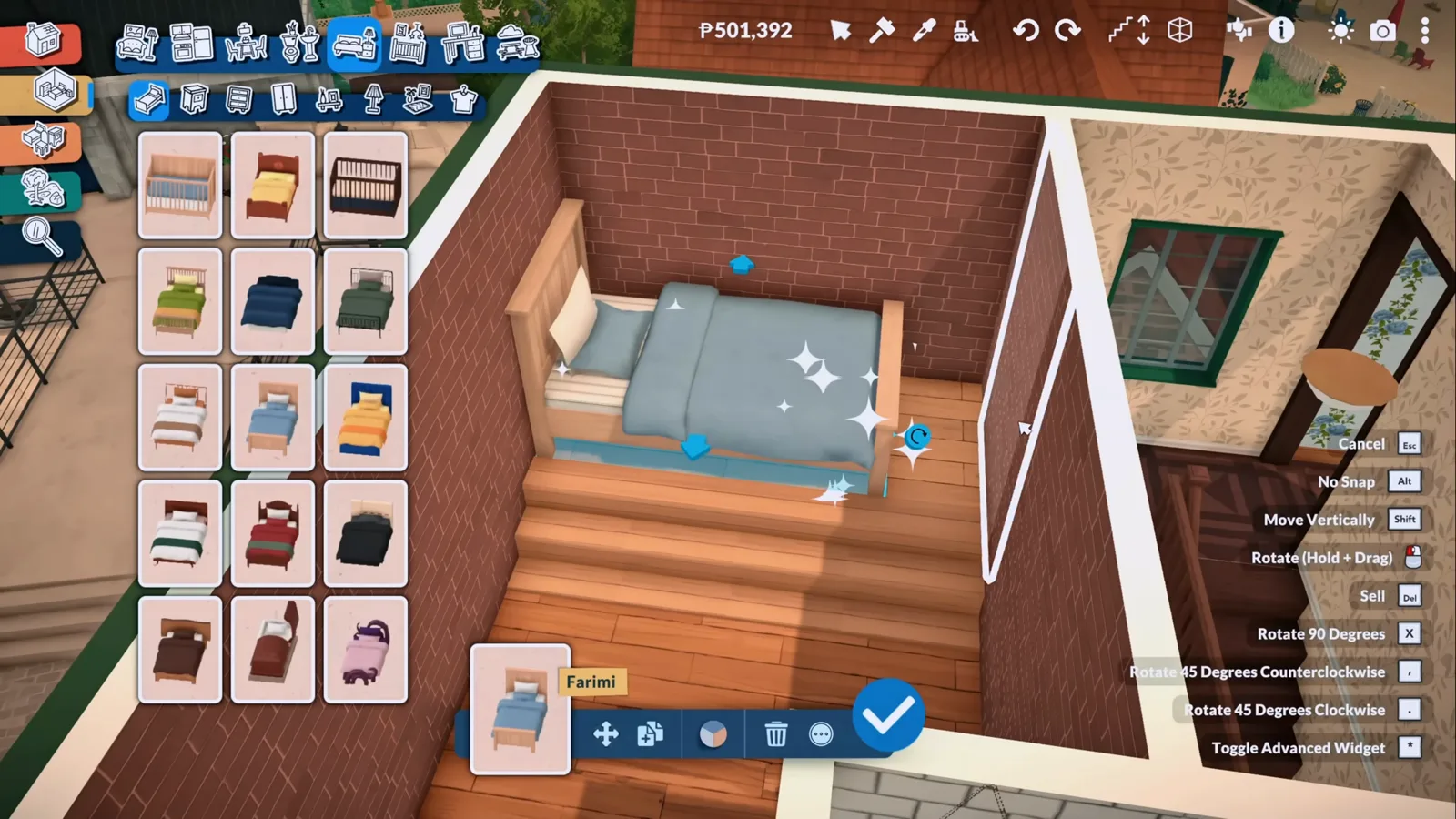 A Farimi double bed floating onto a raised wooden platform in a Paralives bedroom, blue move arrows and sparkles around it with the bed catalogue open.