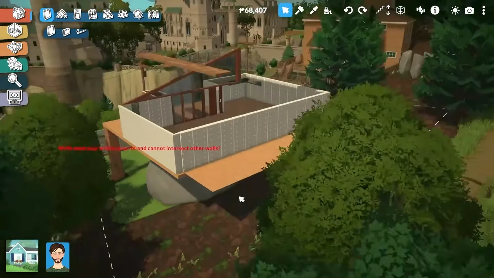 A Paralives room shell on a platform slab whose curved front edge overhangs the deck, a red walls-cannot-intersect warning printed across the lawn below.