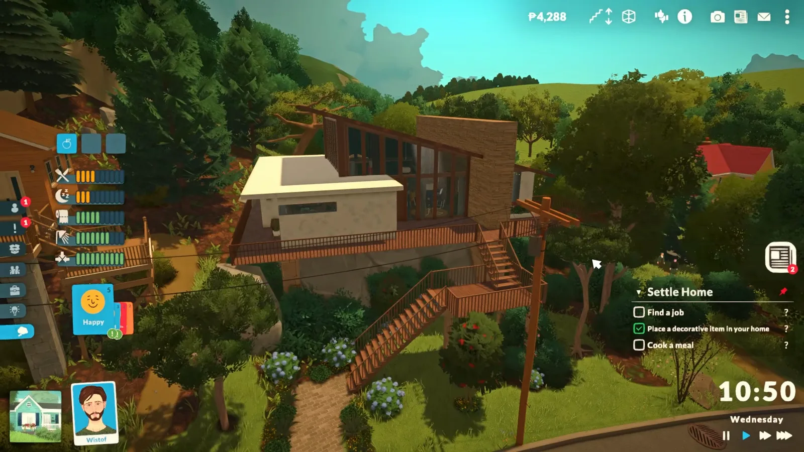 A finished mid-century Paralives house standing on a raised timber platform deck above a hillside garden, with an outdoor staircase zigzagging down to the street.