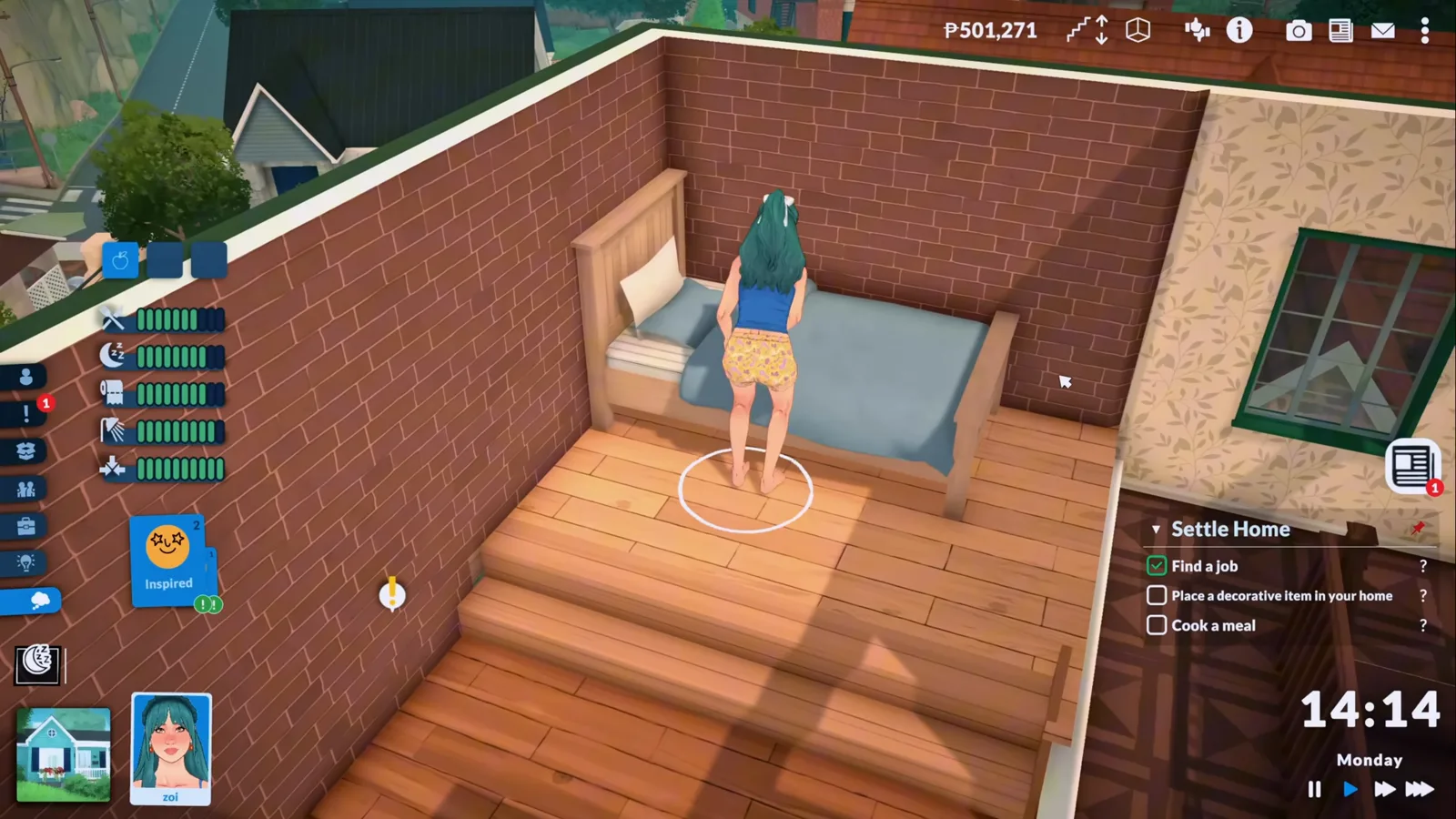A Para standing on a raised wooden platform beside her bed in Paralives live mode, needs bars and the household panel visible along the screen edges.