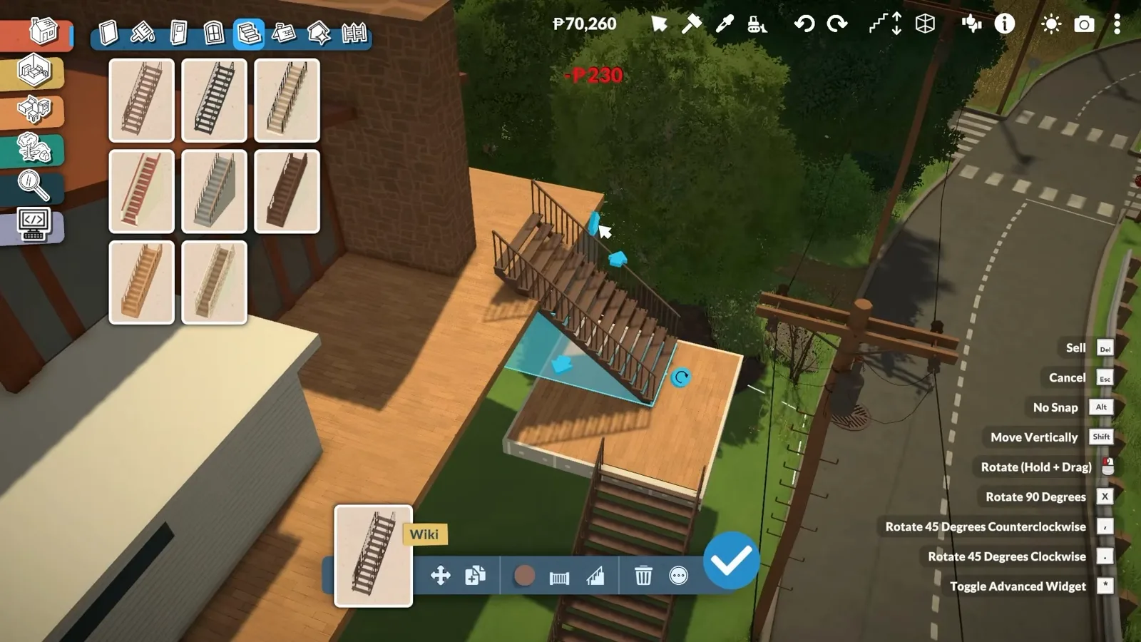 A metal outdoor staircase snapping to the edge of a raised Paralives deck with a cyan glow, the stairs catalogue open and the Wiki stair card above the context menu.