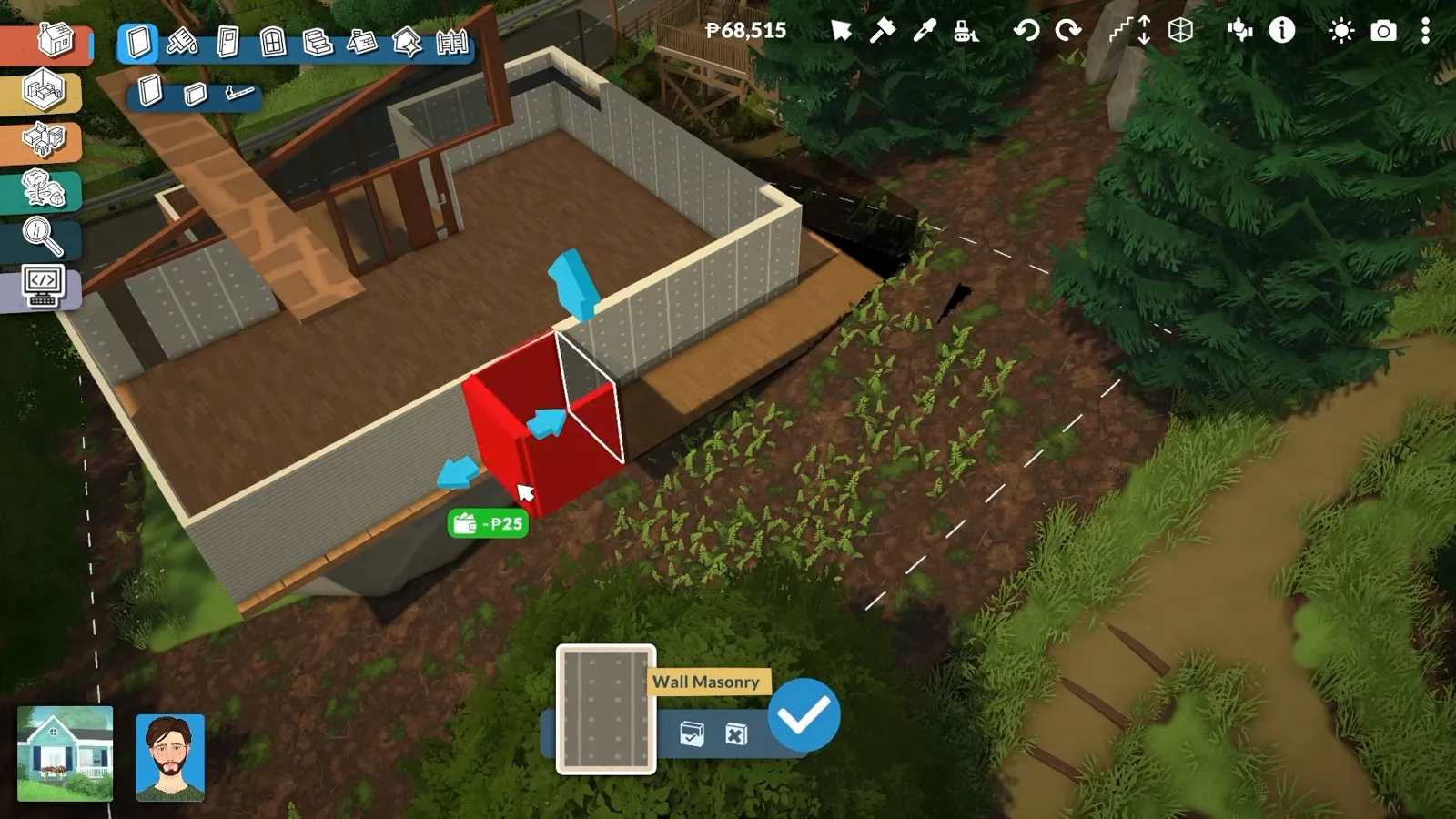 A grey-walled room with a wooden floor standing on a Paralives deck while one wall is selected with blue move arrows and a minus P25 refund tag below it.