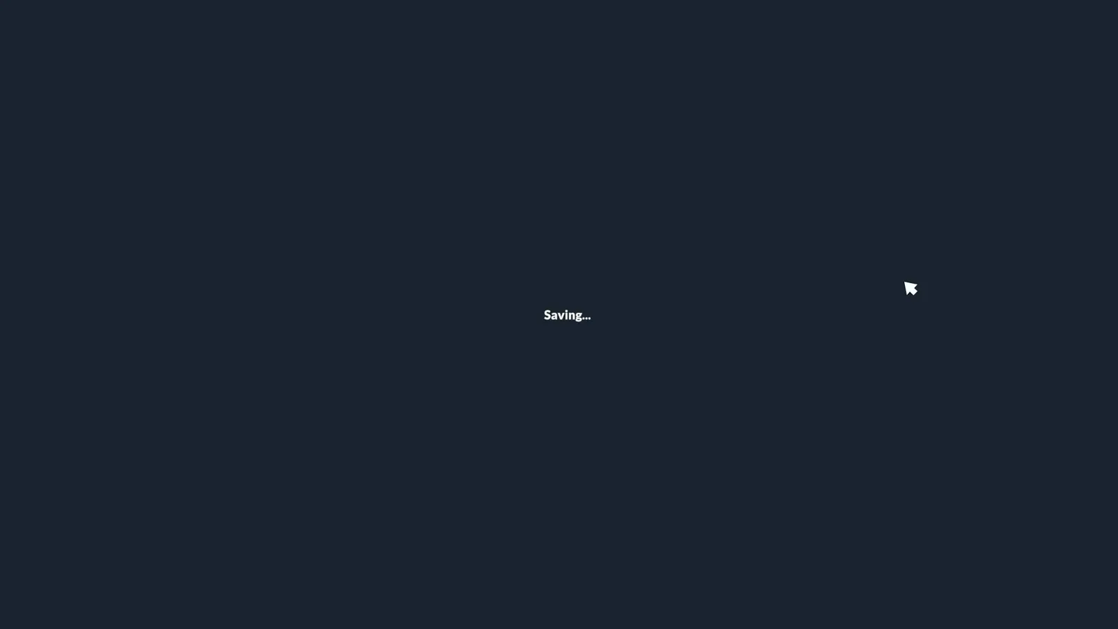 Paralives' plain dark Saving… screen with a single cursor, the save the creator repeats between platform edits in case the build breaks on reload.