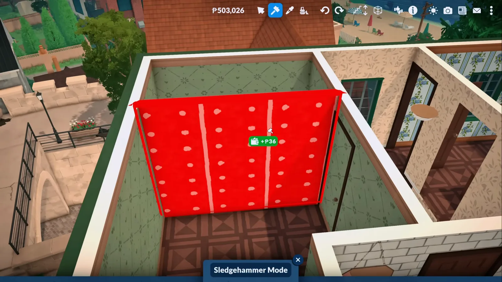 Sledgehammer Mode highlighting a wallpapered wall bright red inside a Paralives starter home, a plus P36 refund tag floating on the wall.