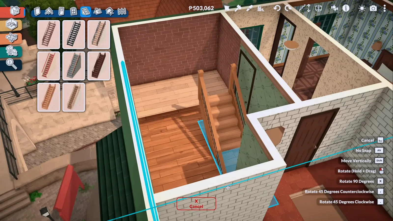A wooden Paralives staircase with railing aligned against the edge of a raised platform floor, the stairs catalogue open beside the room's patterned wallpaper.