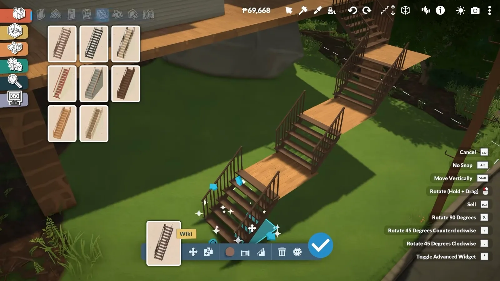 A zigzag chain of metal stair flights and small wooden landing platforms descending a Paralives lawn from a raised deck to the street, the bottom flight glowing during placement.