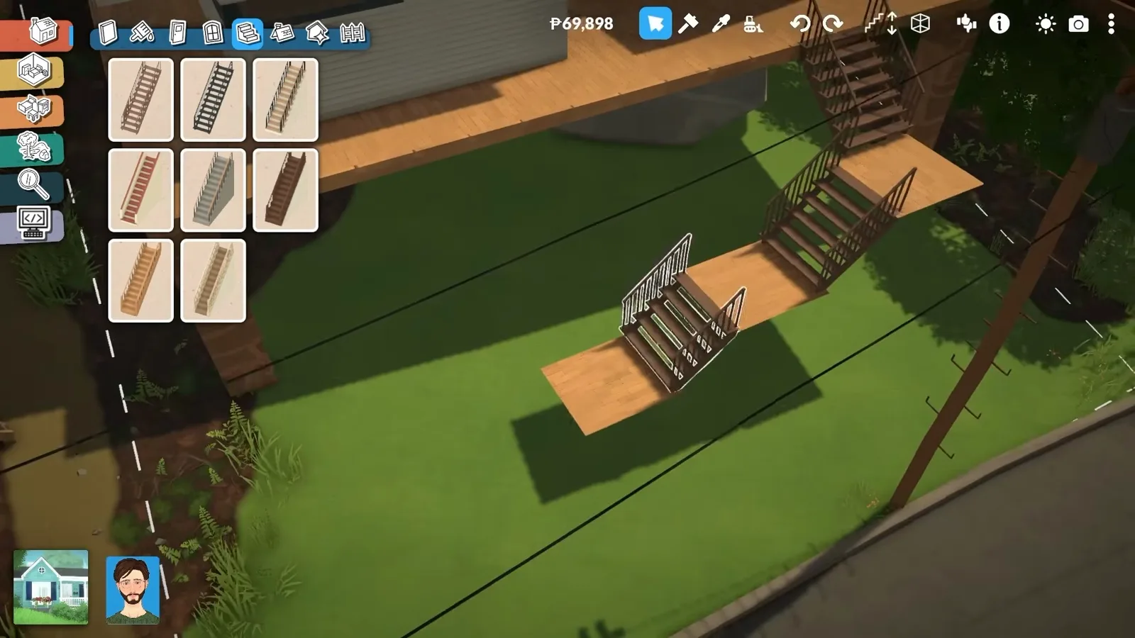Two metal stair flights joined by landing slabs hanging under a Paralives deck, one flight shown as a white placement outline above the lawn with the stairs catalogue open.