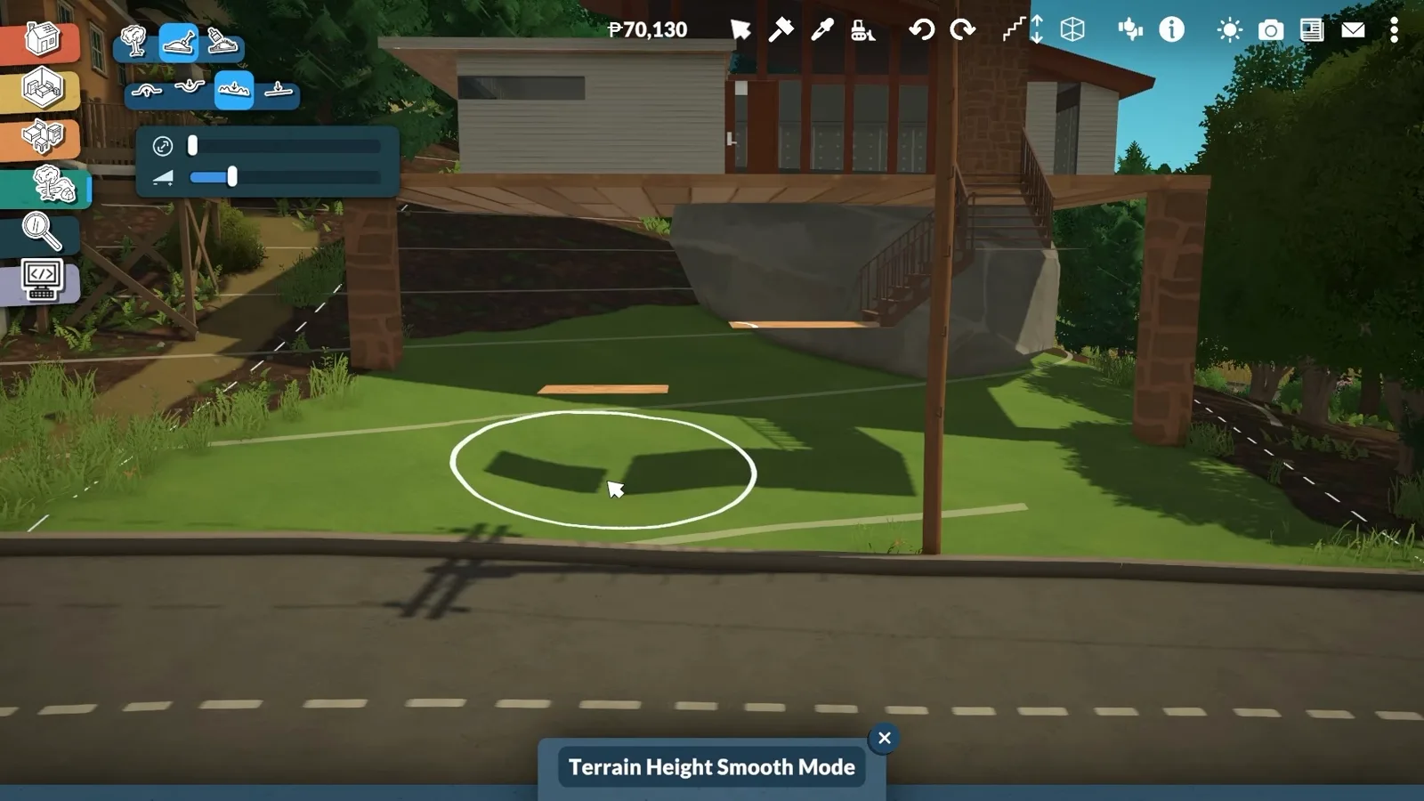 Terrain Height Smooth Mode active under a raised Paralives deck, the round brush ring sinking the lawn while the deck and its staircase stand above.