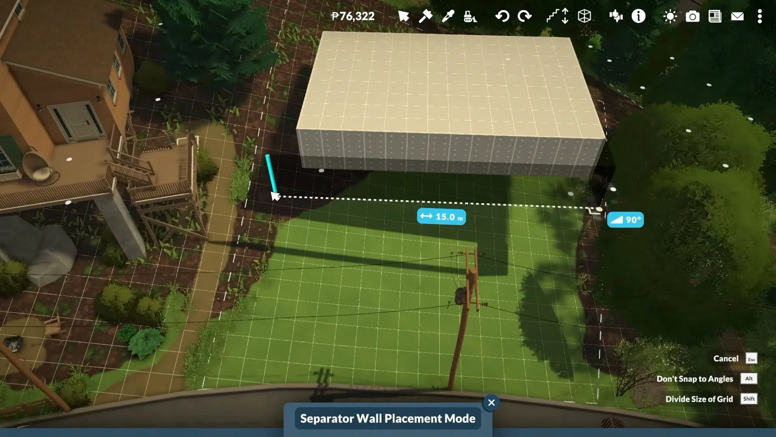 Separator Wall Placement Mode dragging a room-sized white shell above the Paralives lot grid, a cyan drag arrow at its corner with a dashed drop line and a 15.0 m width tag.