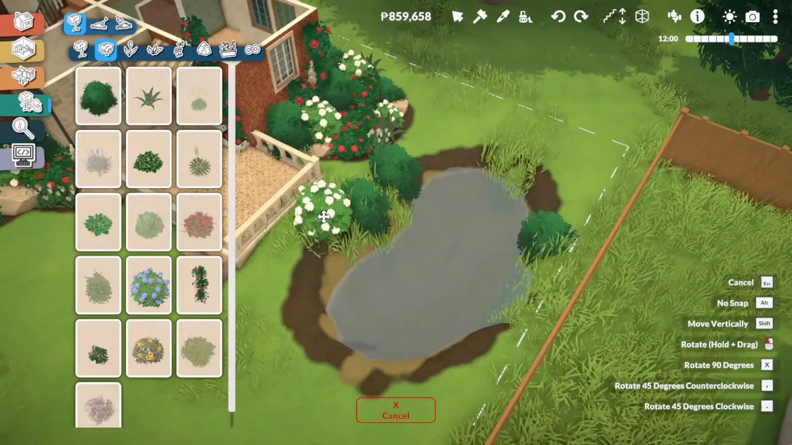 Planting white flowers and bushes around a Paralives pond with the plant catalogue open Planting white flowers and bushes around a Paralives pond with the plant catalogue open
