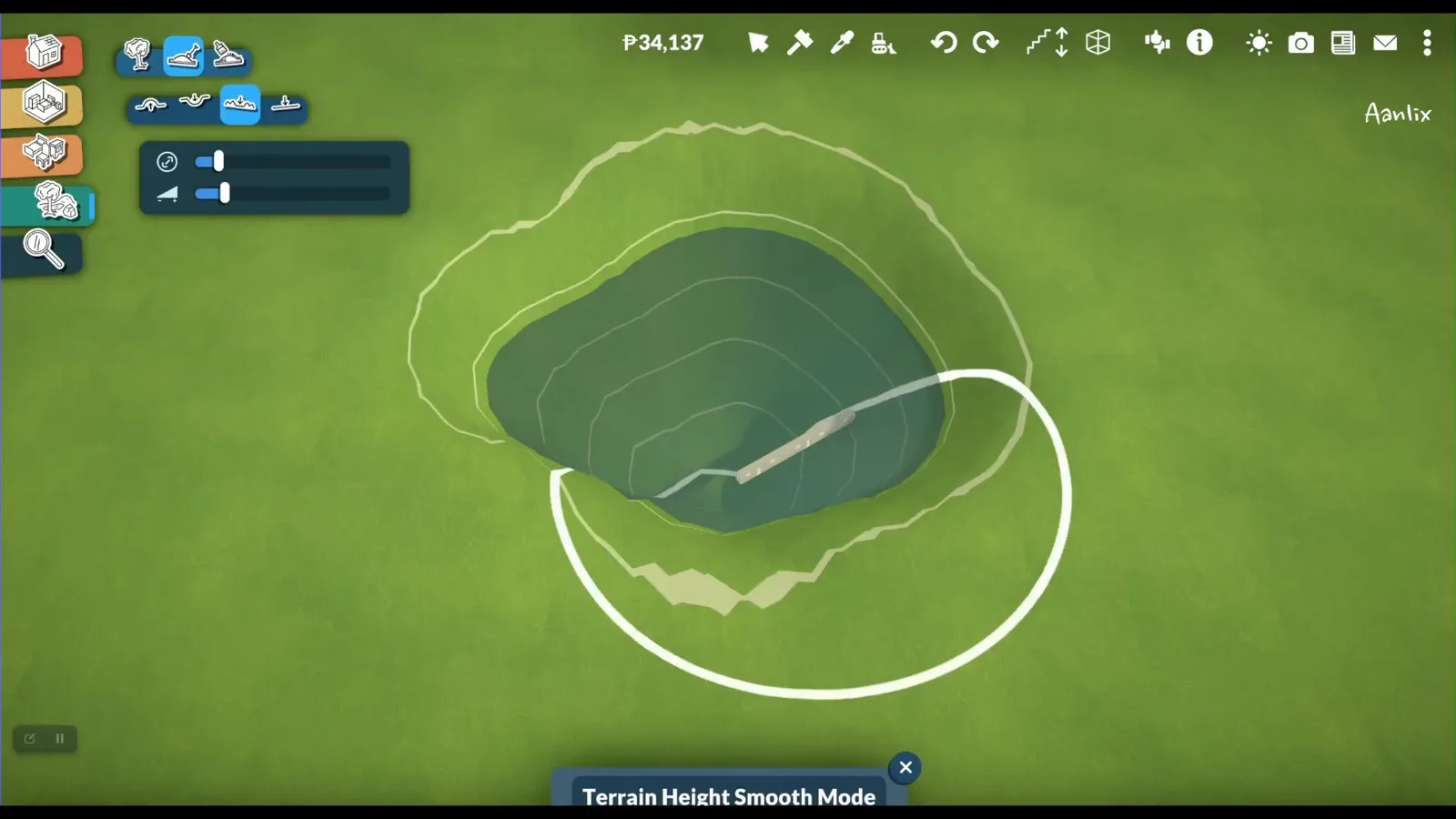 Terrain Height Smooth Mode brushing the sloped banks of a dug Paralives pond basin Terrain Height Smooth Mode brushing the sloped banks of a dug Paralives pond basin