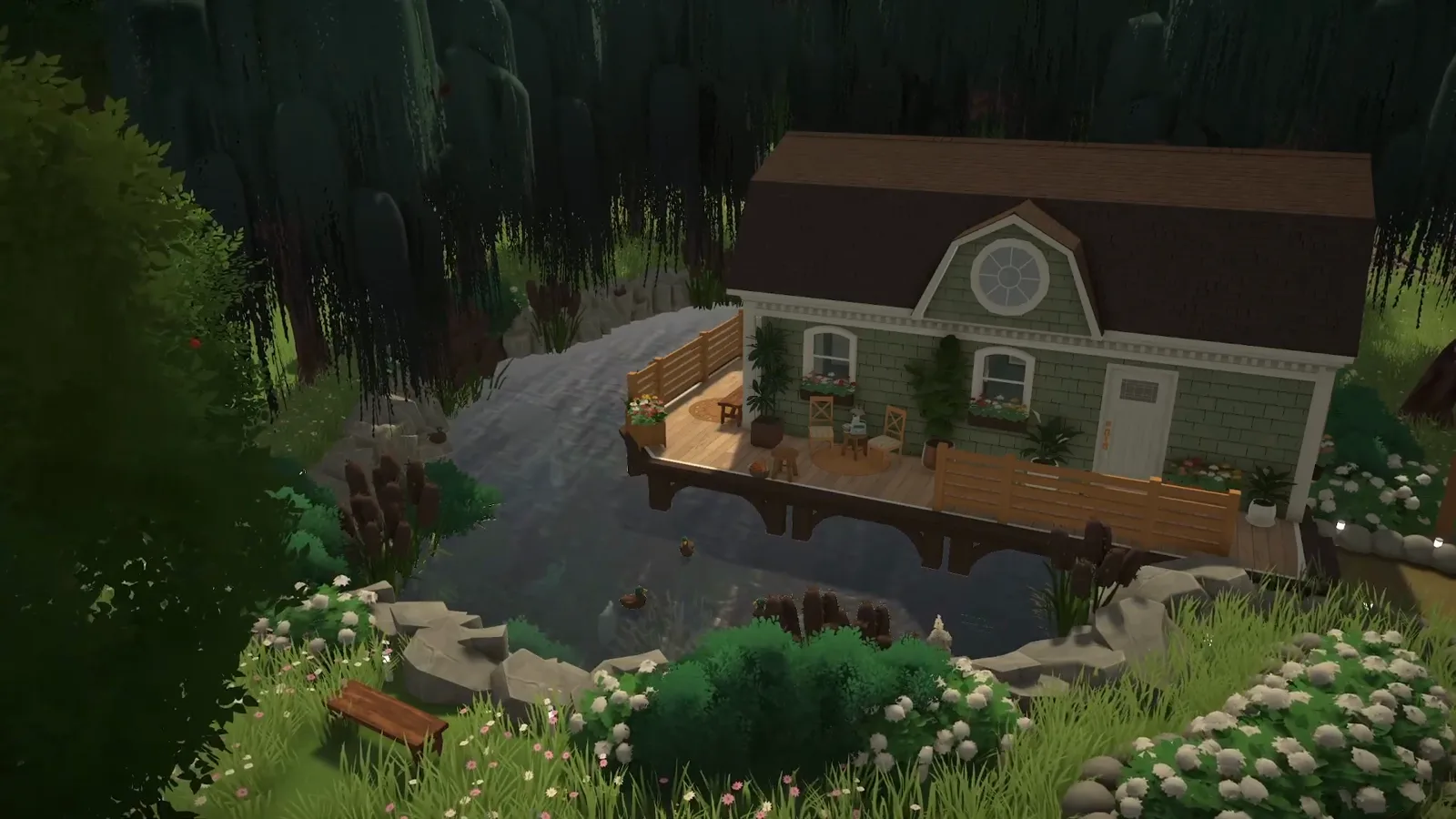 A finished Paralives cottage on a wooden deck over a dark garden pond at dusk, with rock banks and white hydrangeas A finished Paralives cottage on a wooden deck over a dark garden pond at dusk, with rock banks and white hydrangeas