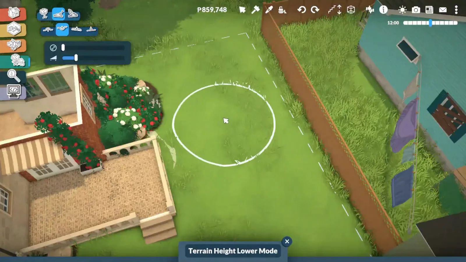 Paralives Terrain Height Lower Mode drawing a white pond outline on a lawn beside a stone terrace Paralives Terrain Height Lower Mode drawing a white pond outline on a lawn beside a stone terrace
