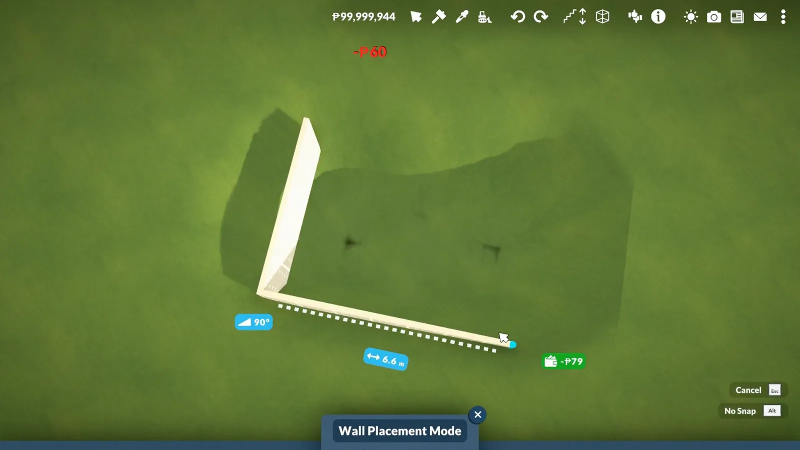 Paralives wall placement mode laying the first curved wall section of a base-game pool shell