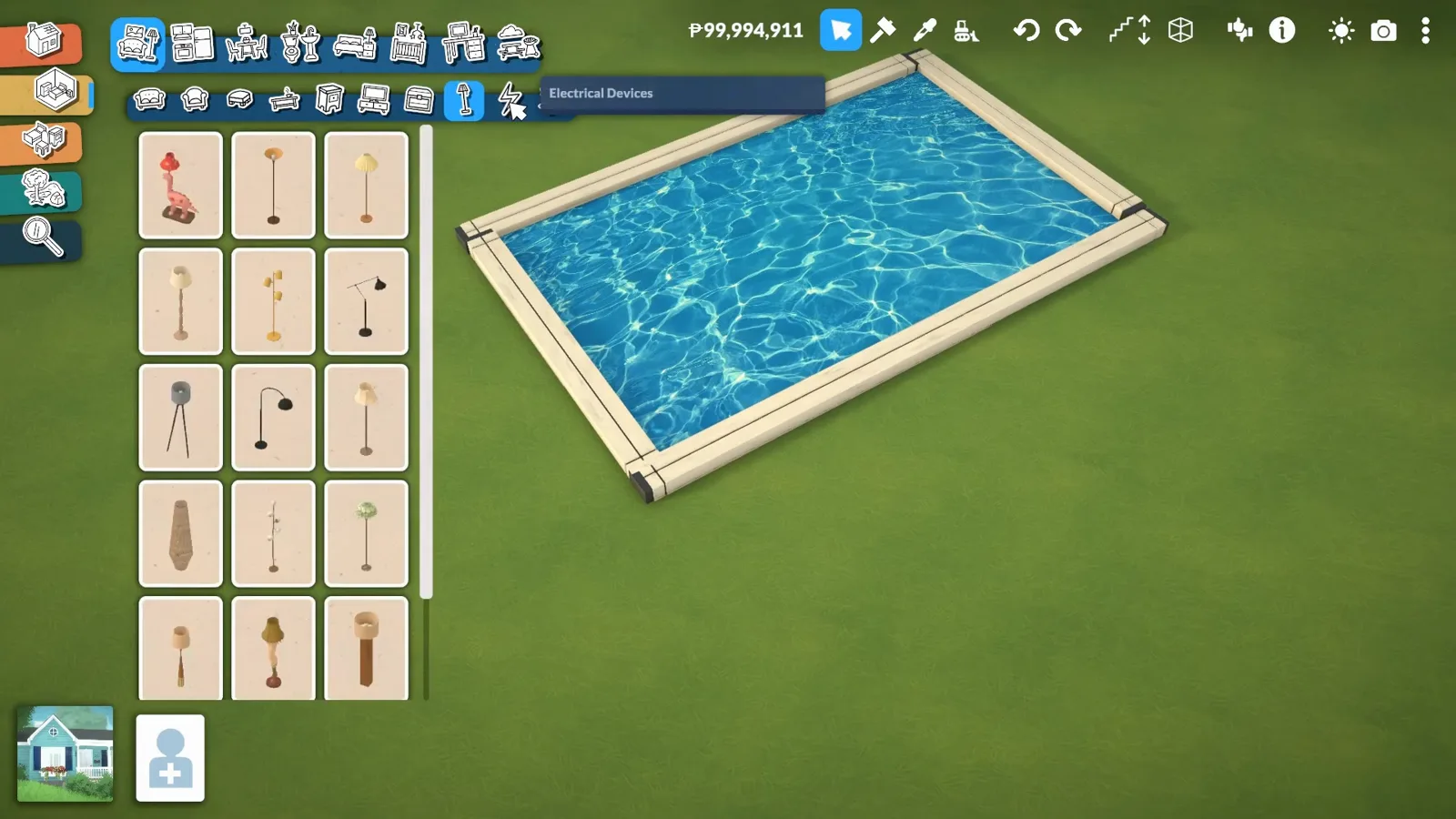 Paralives finished base-game pool with a striped parasol and two loungers staged on the deck