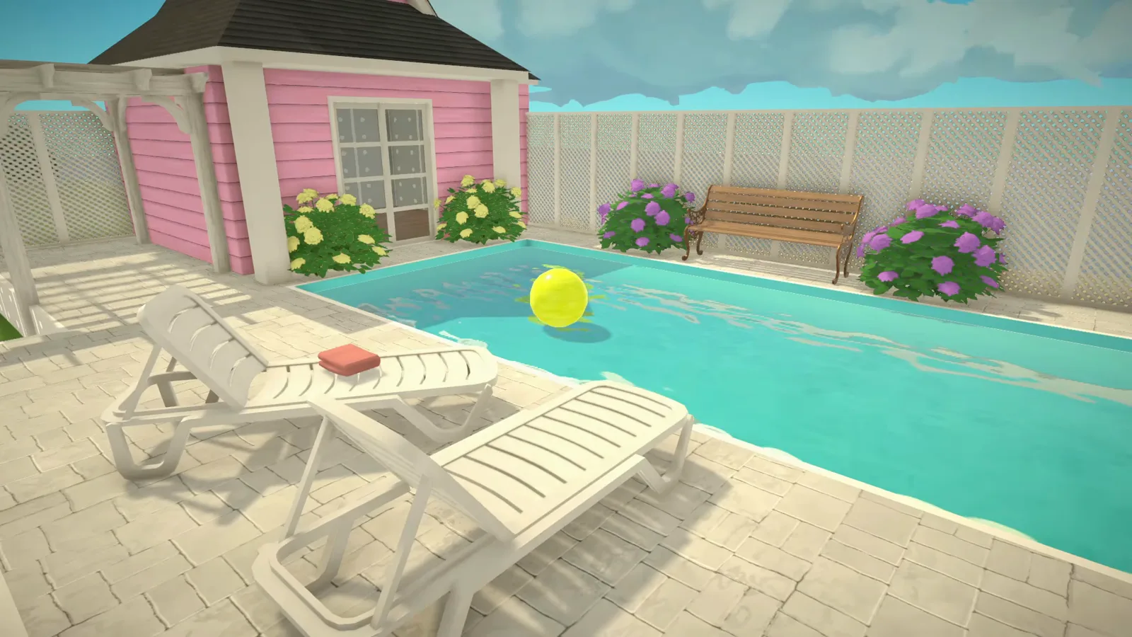 Finished Paralives pool with turquoise water, white loungers and a beach ball beside a pink pool house on a coastal lot
