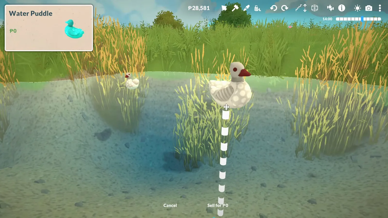 Paralives live mode showing a white duck from the Unpacking collab floating on the finished pond