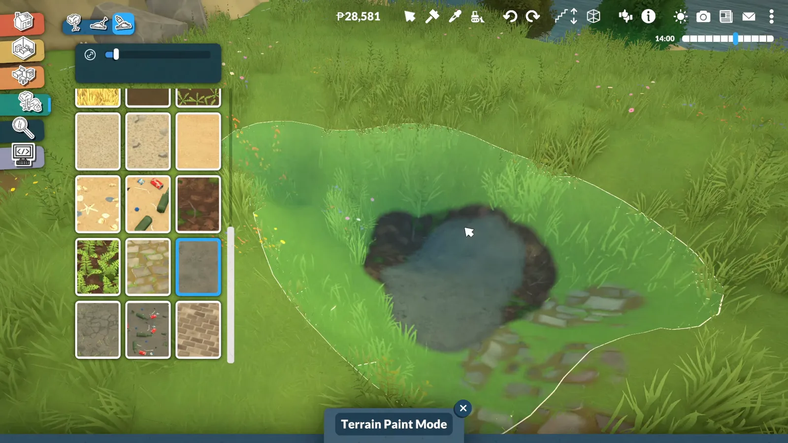 Paralives terrain painting mode brushing a sand ring around the filled pond with the texture palette open