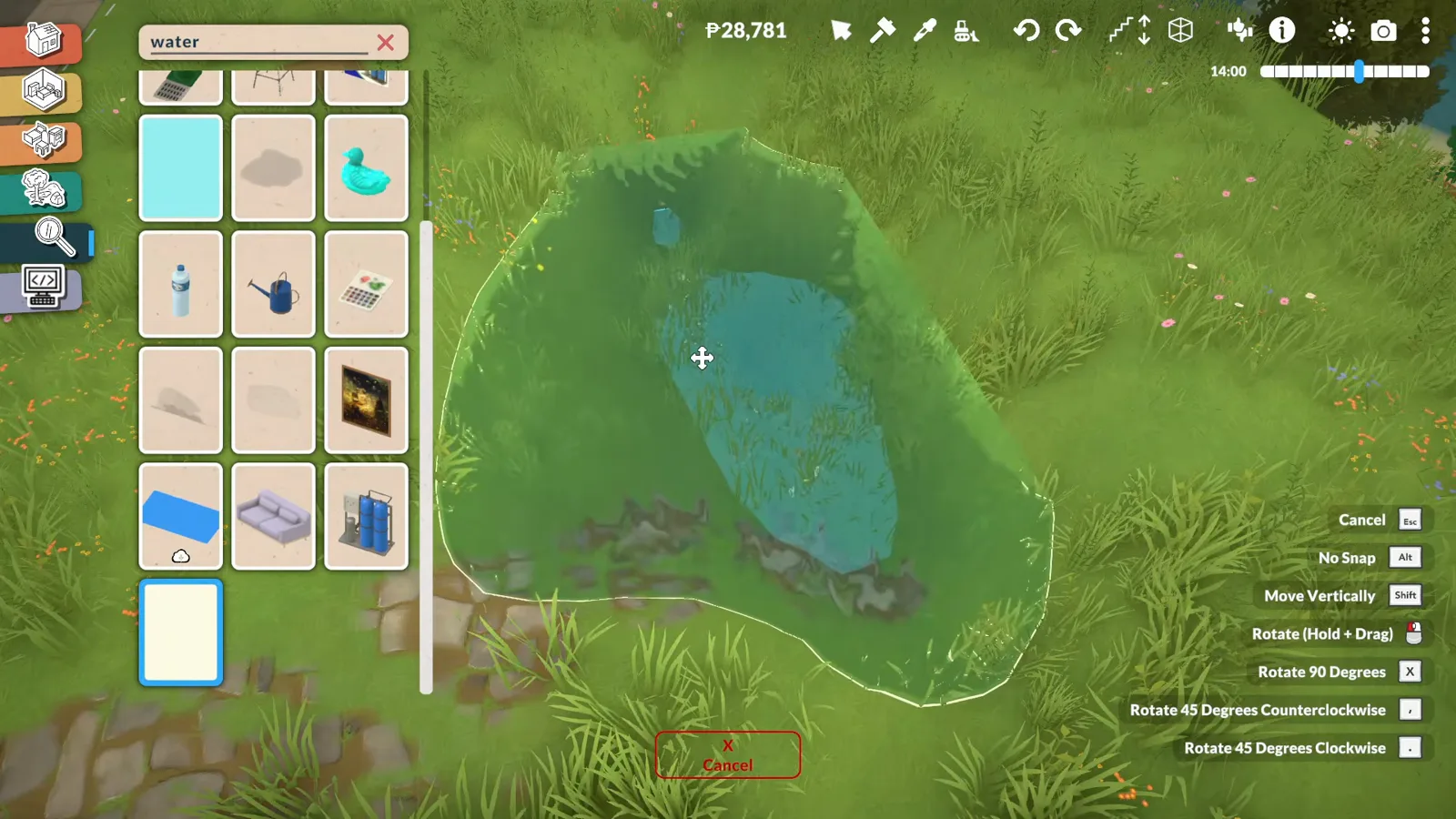 Paralives resize widget stretching a water plane across a hand-dug pond basin