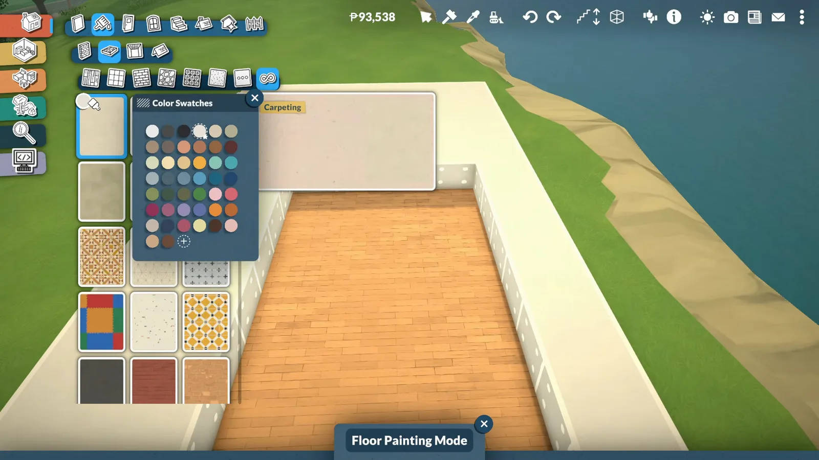 Paralives floor painting mode with the Color Swatches palette open over a wood-floored pool basin