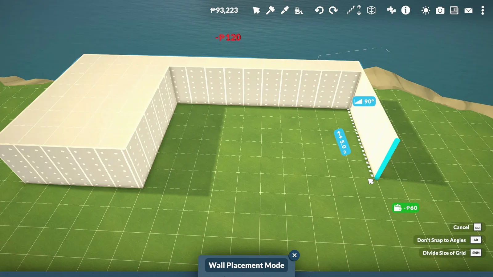 Paralives Wall Placement Mode raising white platform walls around a sunken pool basin on a coastal lot
