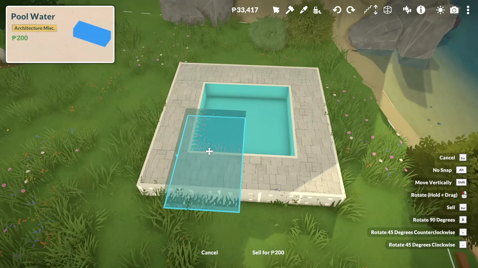 Paralives object placement duplicating a Pool Water plane inside a stone-coping pool basin