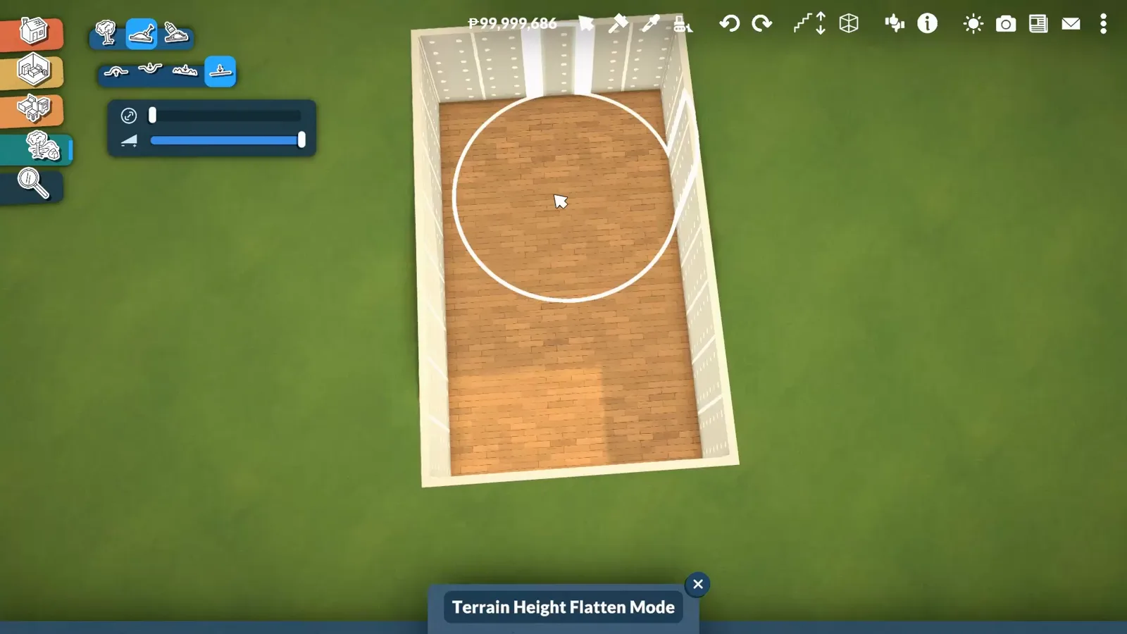 Paralives terrain flatten mode levelling the ground around a wood-floored pool shell