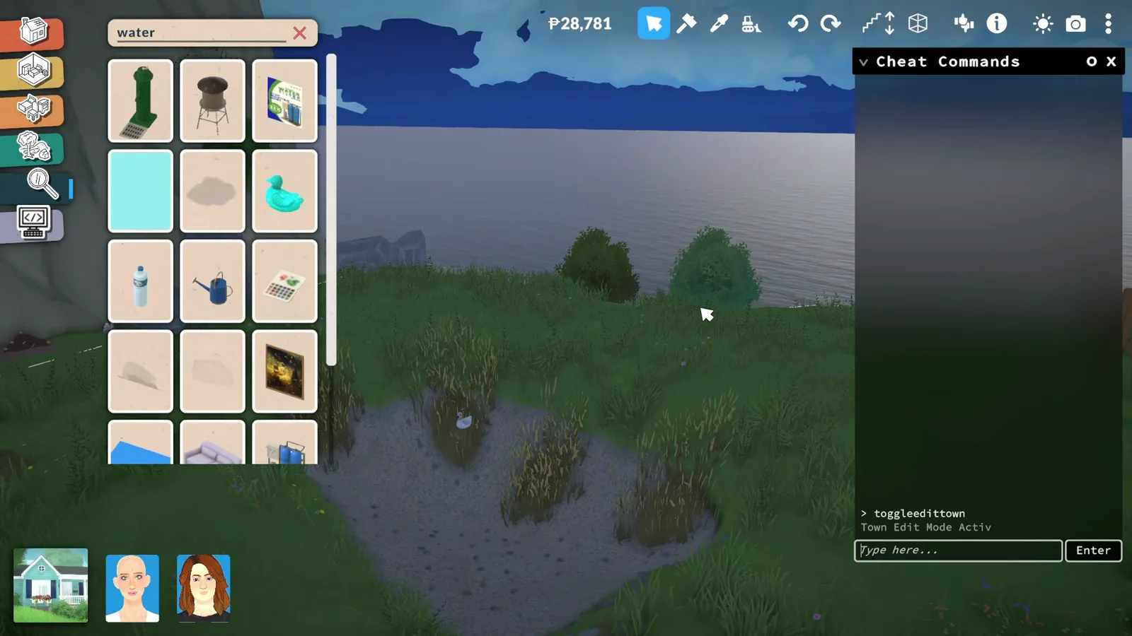 Paralives Cheat Commands console accepting the toggleedittown cheat with the Town Edit Mode activation message