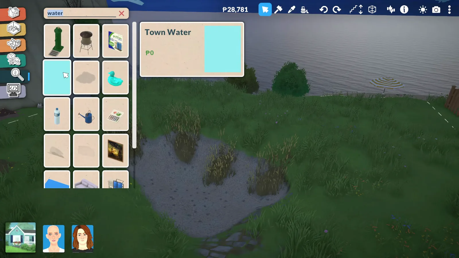 Paralives object search results showing the free Town Water item with its zero-penny price tag