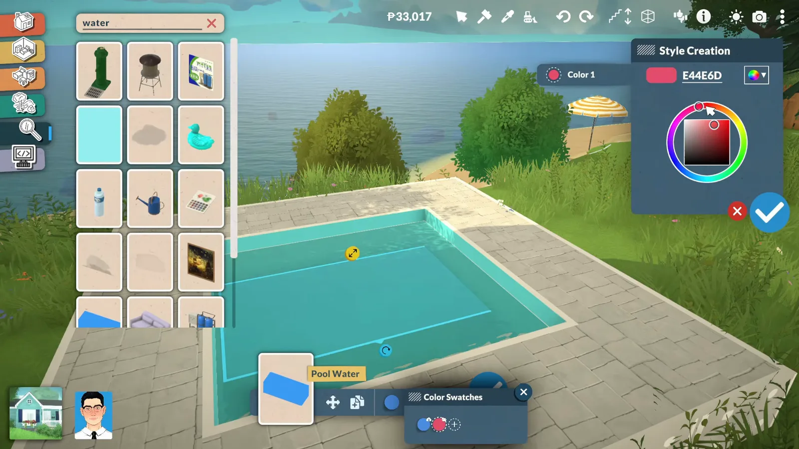 Paralives Style Creation wheel set to a red colour while the Pool Water surface below stays teal