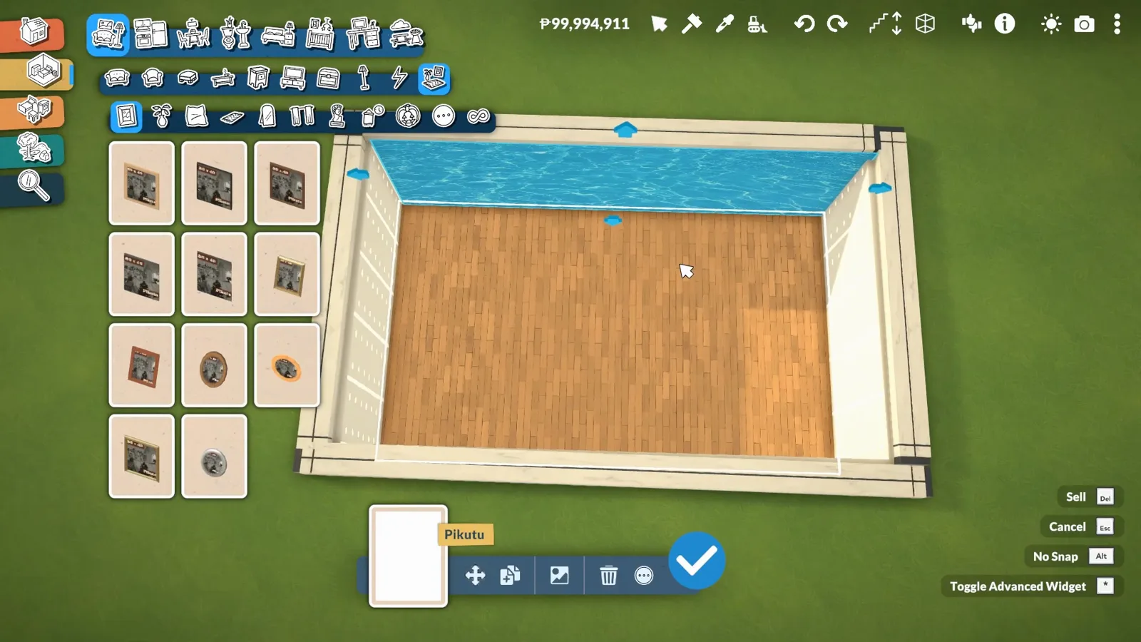 Paralives resize widget stretching a flat water-texture plane across a base-game pool basin