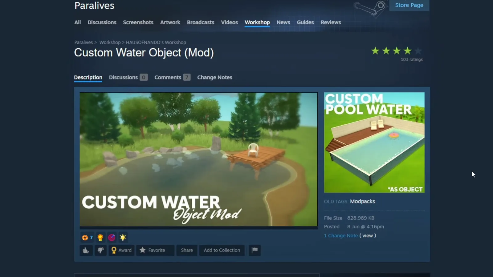 Paralives in-game Workshop browser open on the Custom Water Object (Mod) page with its Subscribe button and Custom Pool Water preview