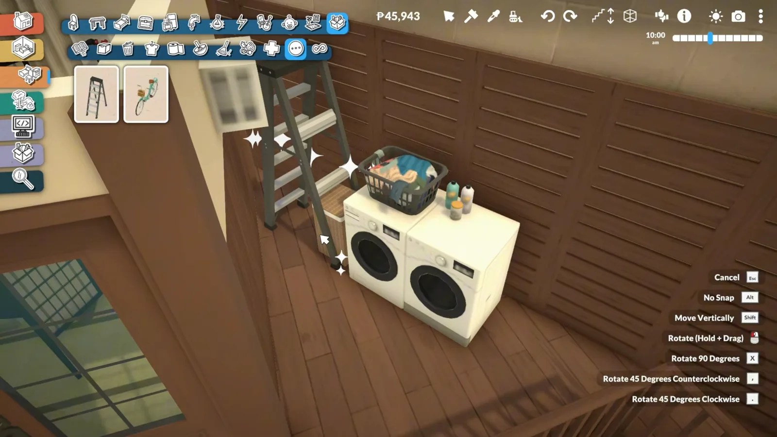Tiny Paralives balcony laundry corner with two washing machines, a clothes basket and a supply shelf