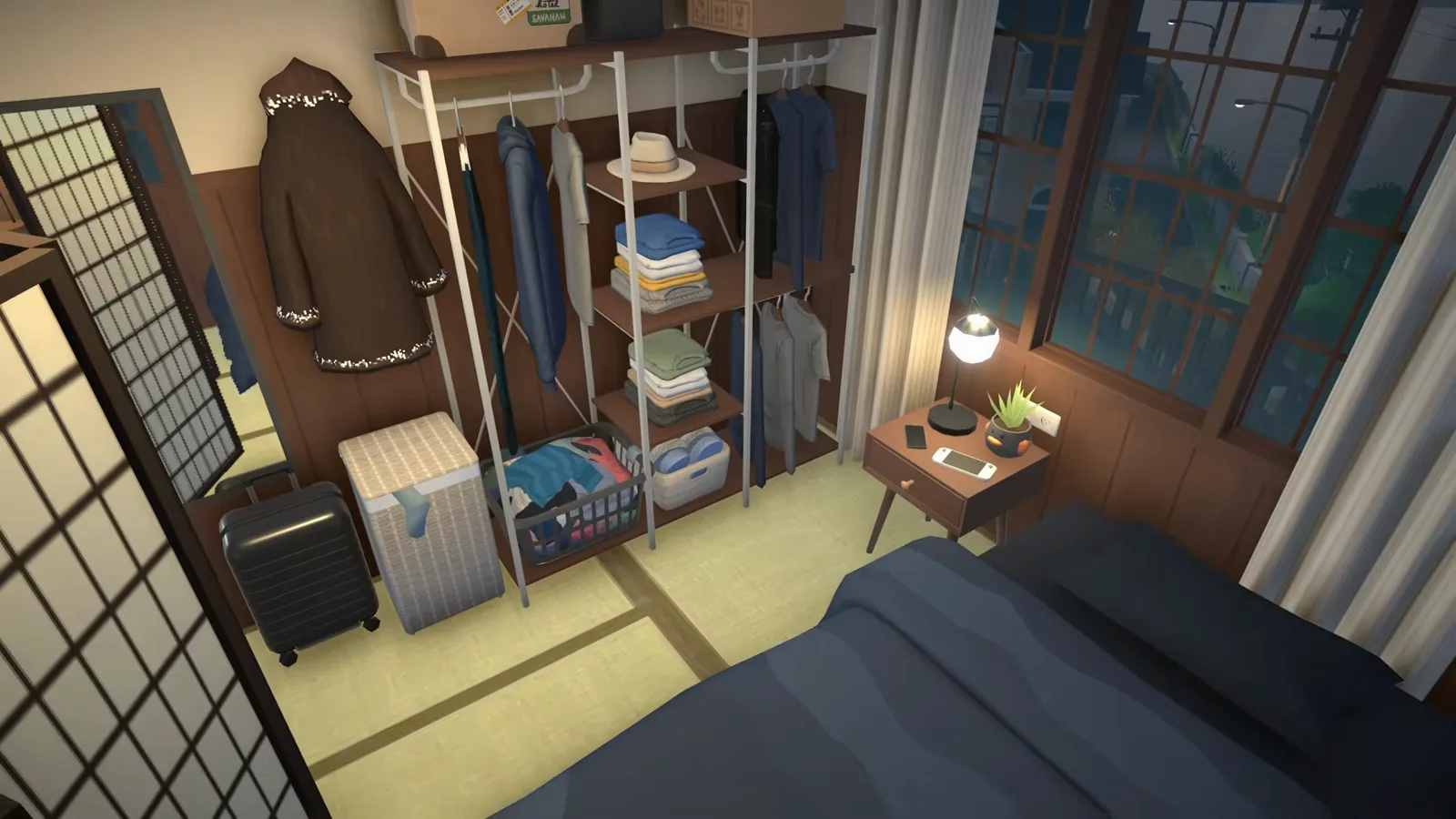 Paralives ramen shop owner's bedroom at night with tatami flooring, a shoji screen and a lamp beside the bed