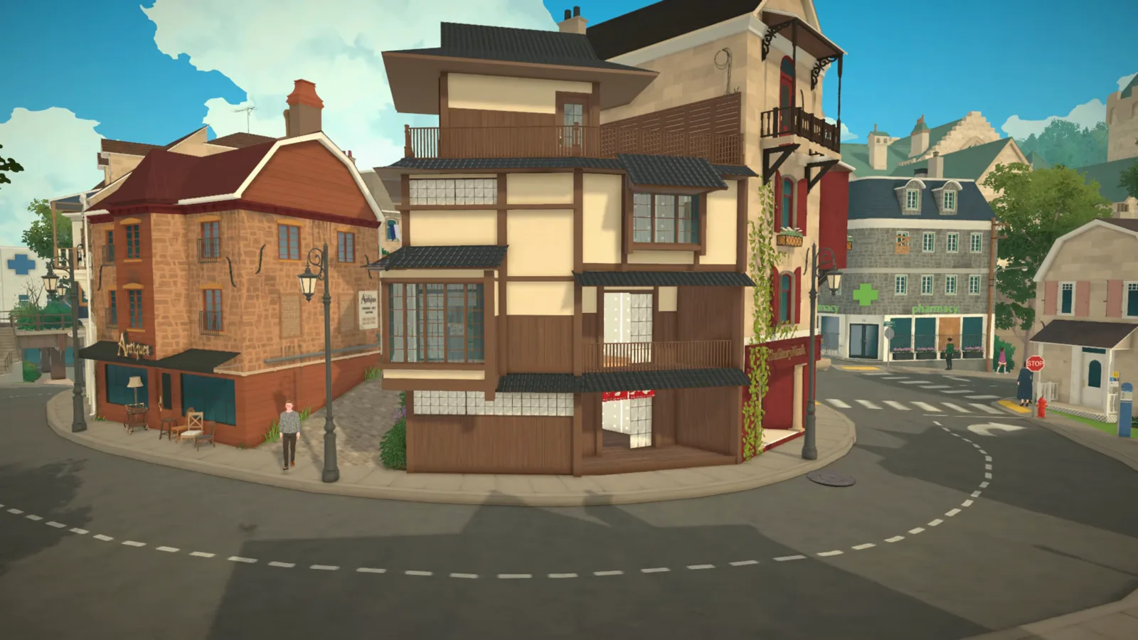 Finished Paralives ramen shop remodel on its curved corner lot, with beige walls, dark wood framing, shoji-style windows and layered dark tiled roofs