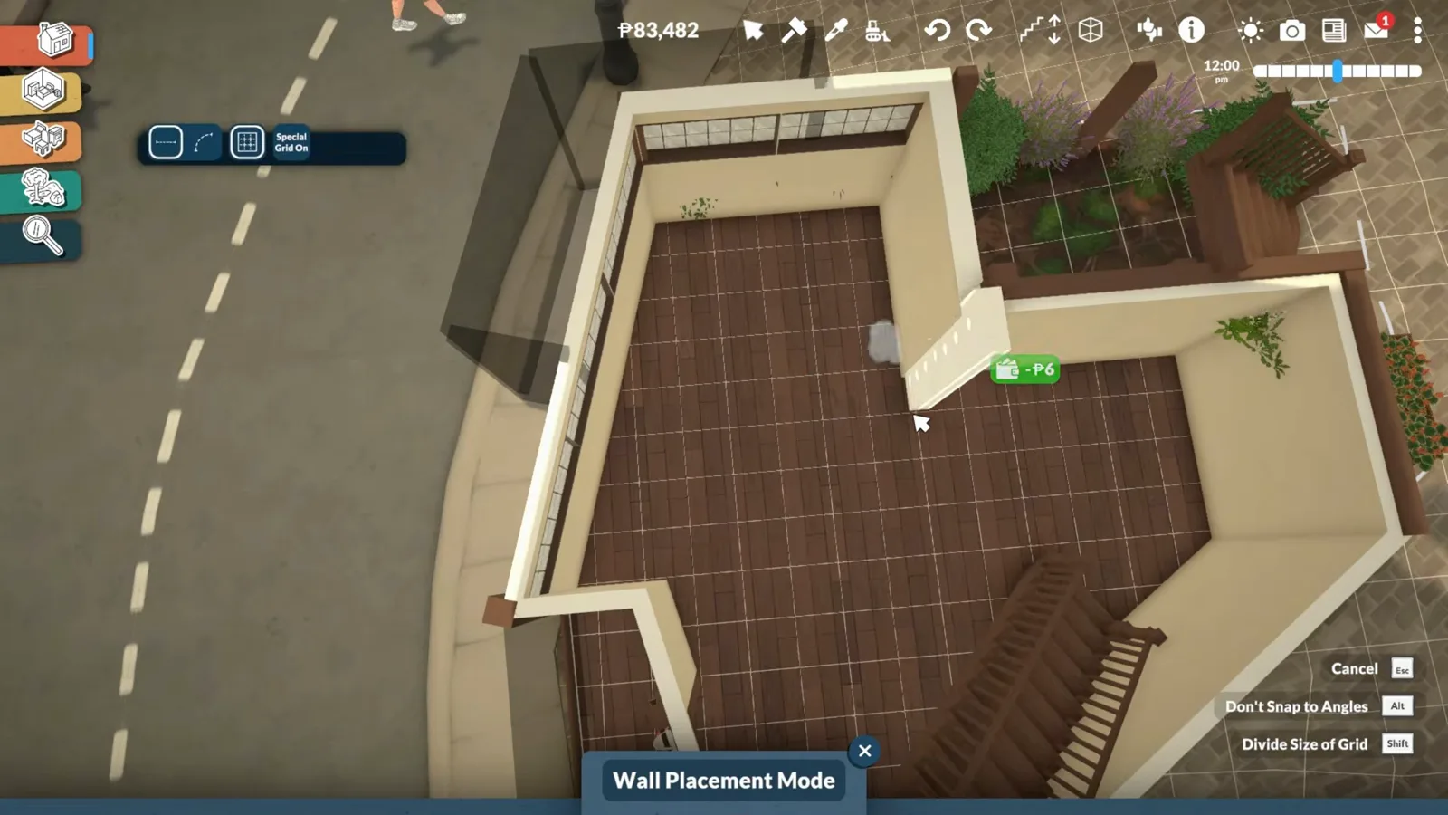Wall Placement Mode dividing a dark tiled Paralives ground floor between the kitchen, the restroom and the stairwell