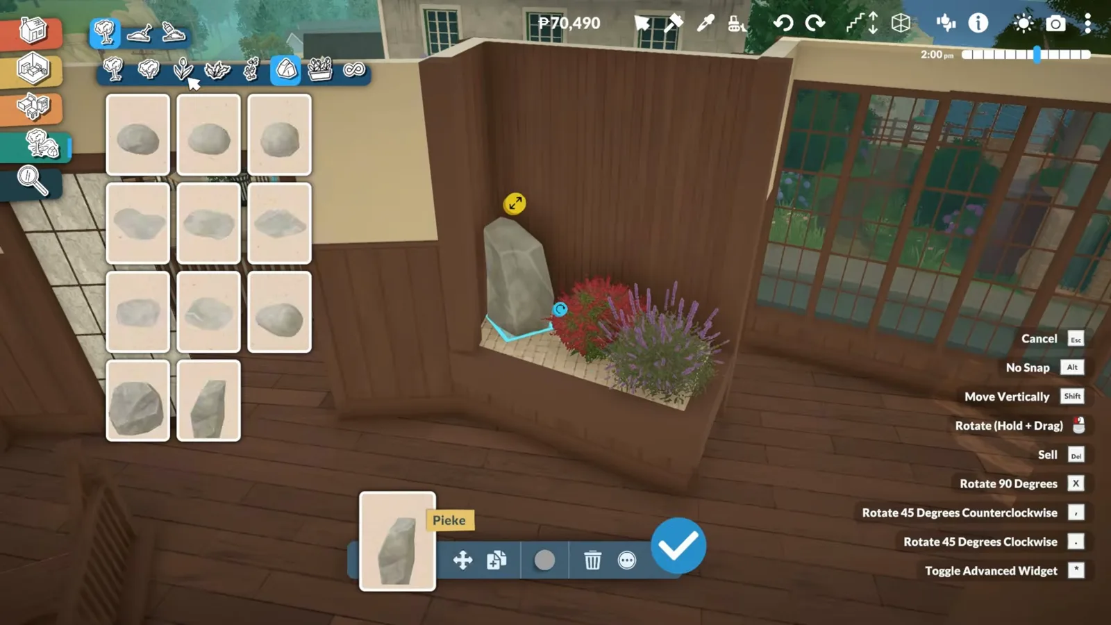 Paralives rock catalogue placing a tall stone into an indoor zen garden corner with a red maple by the dining room windows