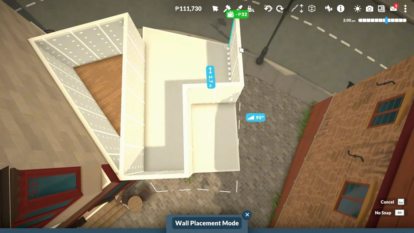 Wall Placement Mode tracing an angled lot outline with white wall runs on a Paralives corner lot