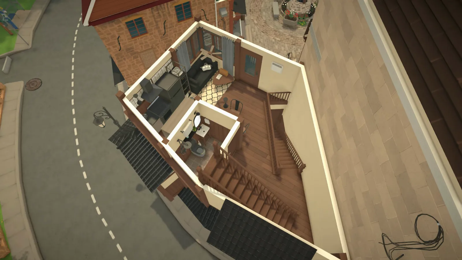 Top-down Paralives cutaway of a ramen shop owner's floor showing bathroom, kitchenette, living corner and stairwell in one view